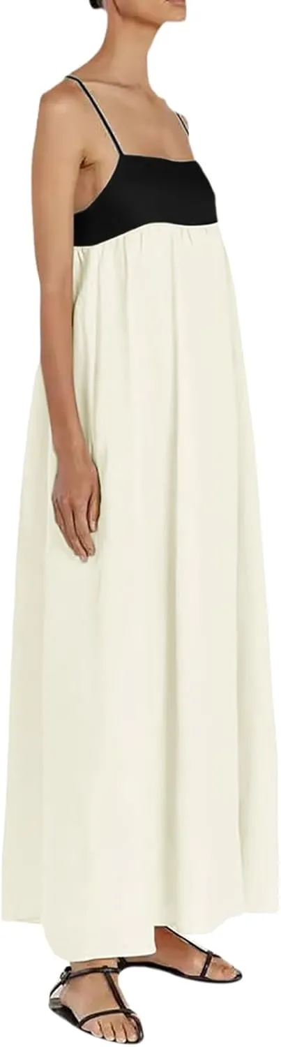 Women Casual Summer Dresses Color Block Spaghetti Straps Sleeveless Dress for Women Flowy Beach Boho Long Skirt