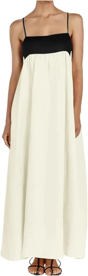 Women Casual Summer Dresses Color Block Spaghetti Straps Sleeveless Dress for Women Flowy Beach Boho Long Skirt