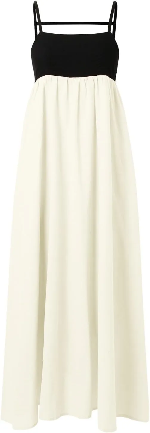 Women Casual Summer Dresses Color Block Spaghetti Straps Sleeveless Dress for Women Flowy Beach Boho Long Skirt