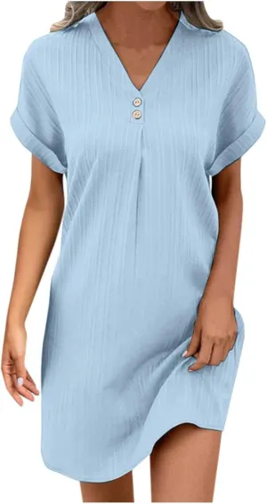 Women Casual Summer Shirt Dresses Solid Color Loose Button Down Dress Fit V Neck Skirt for Women 2025 Spring Clothes
