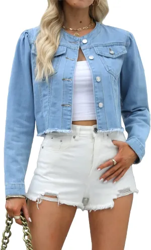 Women Cropped Denim Jacket Button Down Collarless Long Sleeve Frayed Hem Jean Jackets