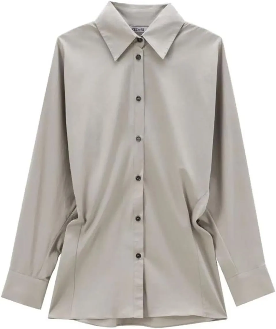 Women Elegant Blouse Turn Down Collar Button-Up Long Sleeve Shirt Adjust Waist Top