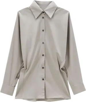 Women Elegant Blouse Turn Down Collar Button-Up Long Sleeve Shirt Adjust Waist Top