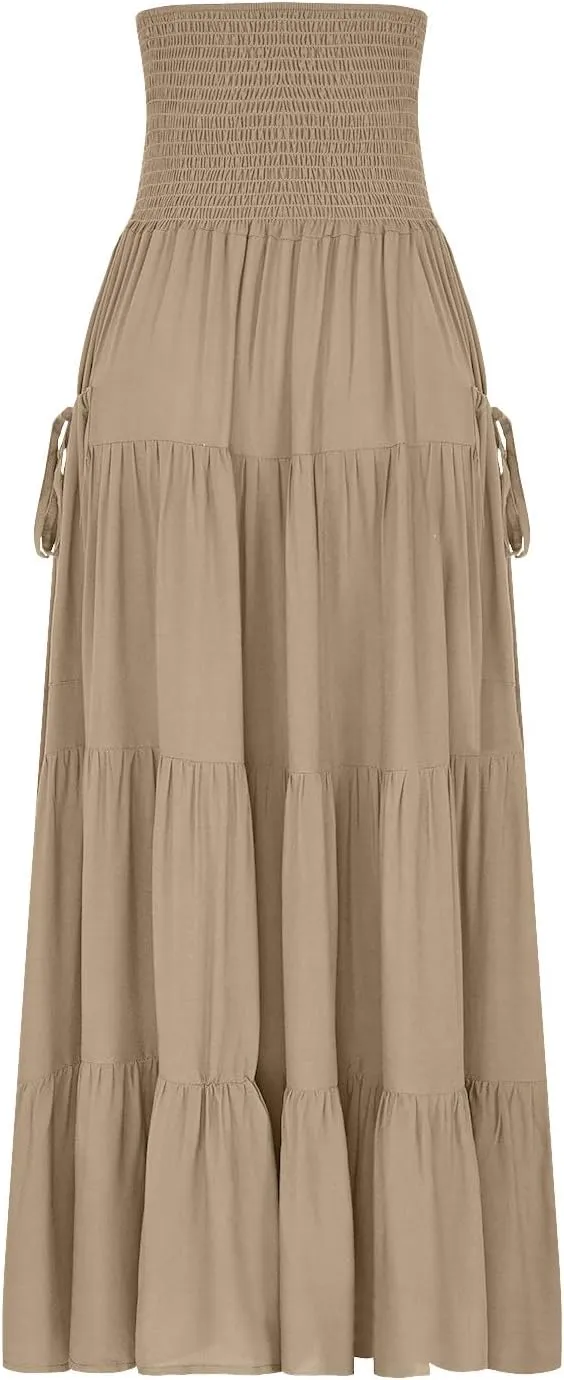 Women Fashion Beach Skirt Summer Solid Boho Flowy Tiered A-Line Skirts Casual Drawstring Elastic Waist Pleated Skirt