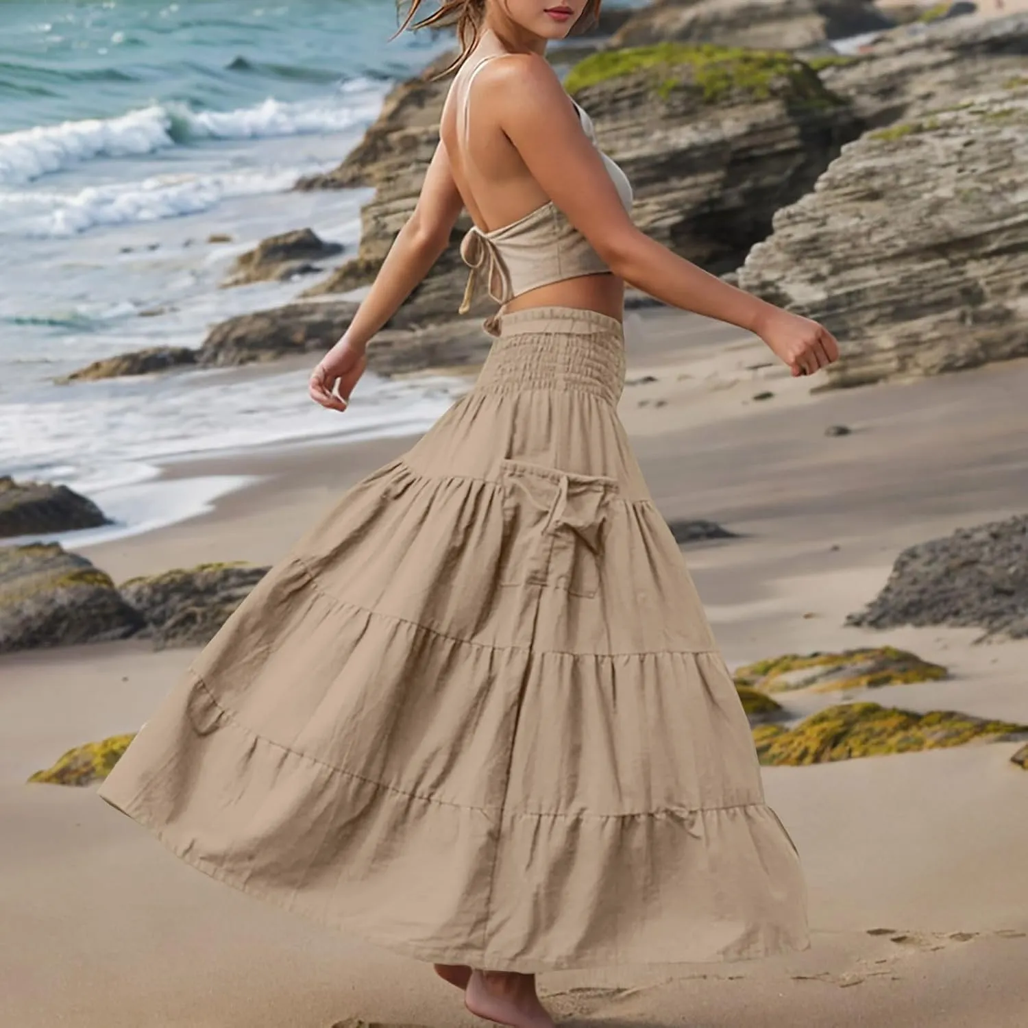 Women Fashion Beach Skirt Summer Solid Boho Flowy Tiered A-Line Skirts Casual Drawstring Elastic Waist Pleated Skirt