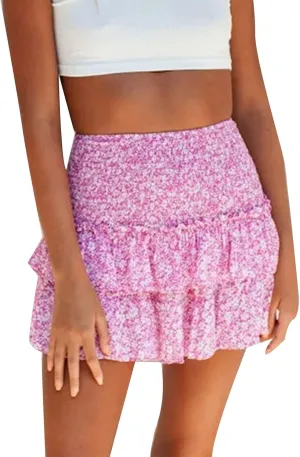 Women Floral Printed Mini Short Skirt High Waisted A Line Skirt Elastic Waist Pleated Skirts Pleated Cheer Skirts