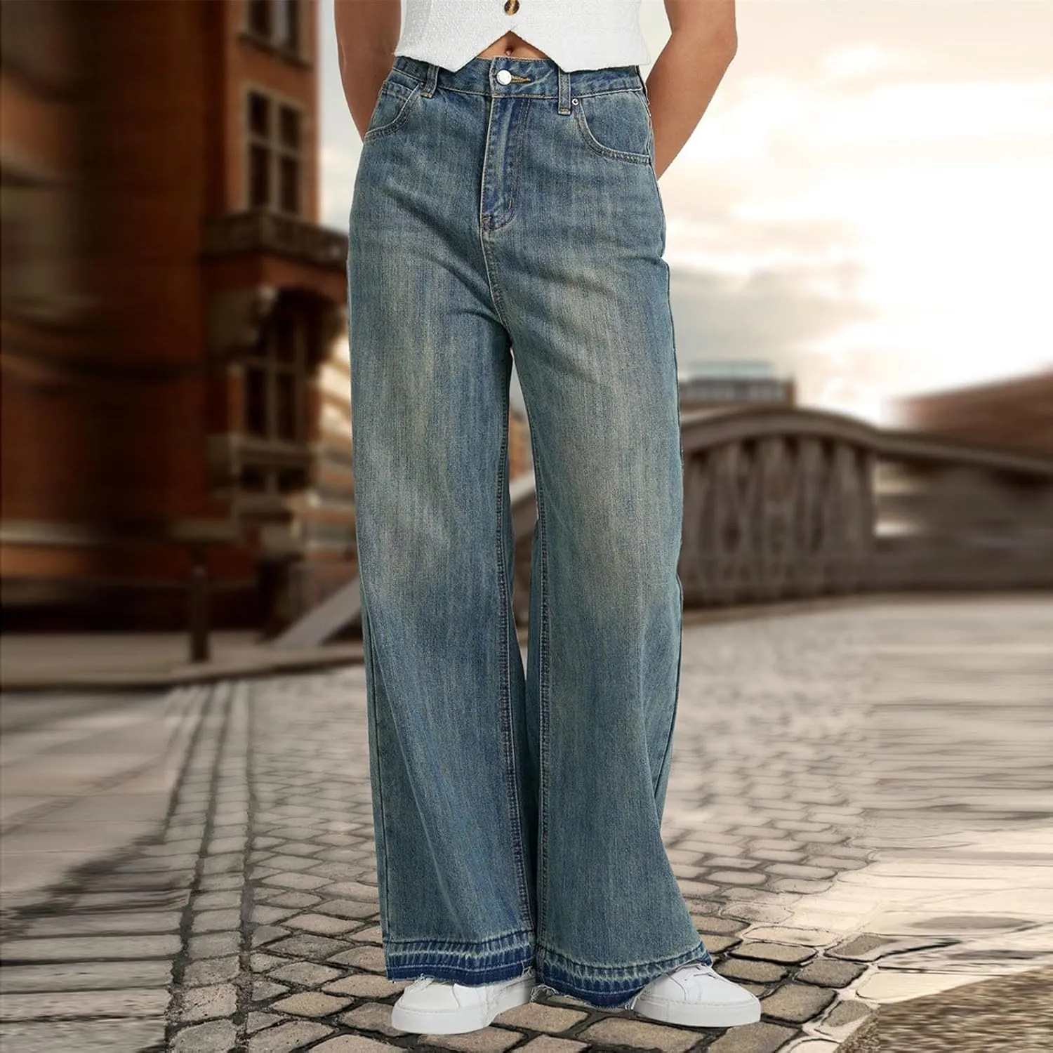 Women Jeans High Waisted Trendy Stretch Boyfriend Baggy Jeans Straight Wide Leg Casual Denim Pants Teen Girls Trousers