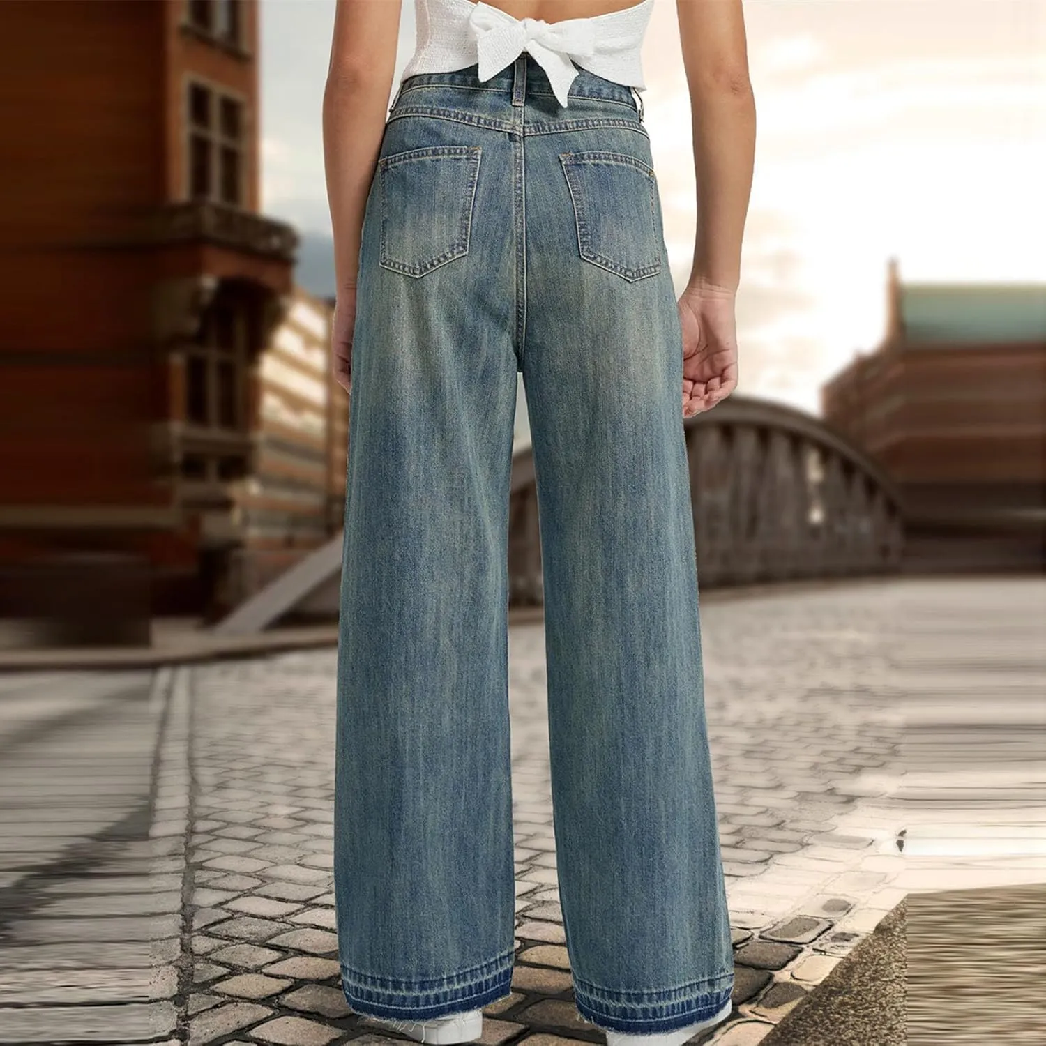 Women Jeans High Waisted Trendy Stretch Boyfriend Baggy Jeans Straight Wide Leg Casual Denim Pants Teen Girls Trousers