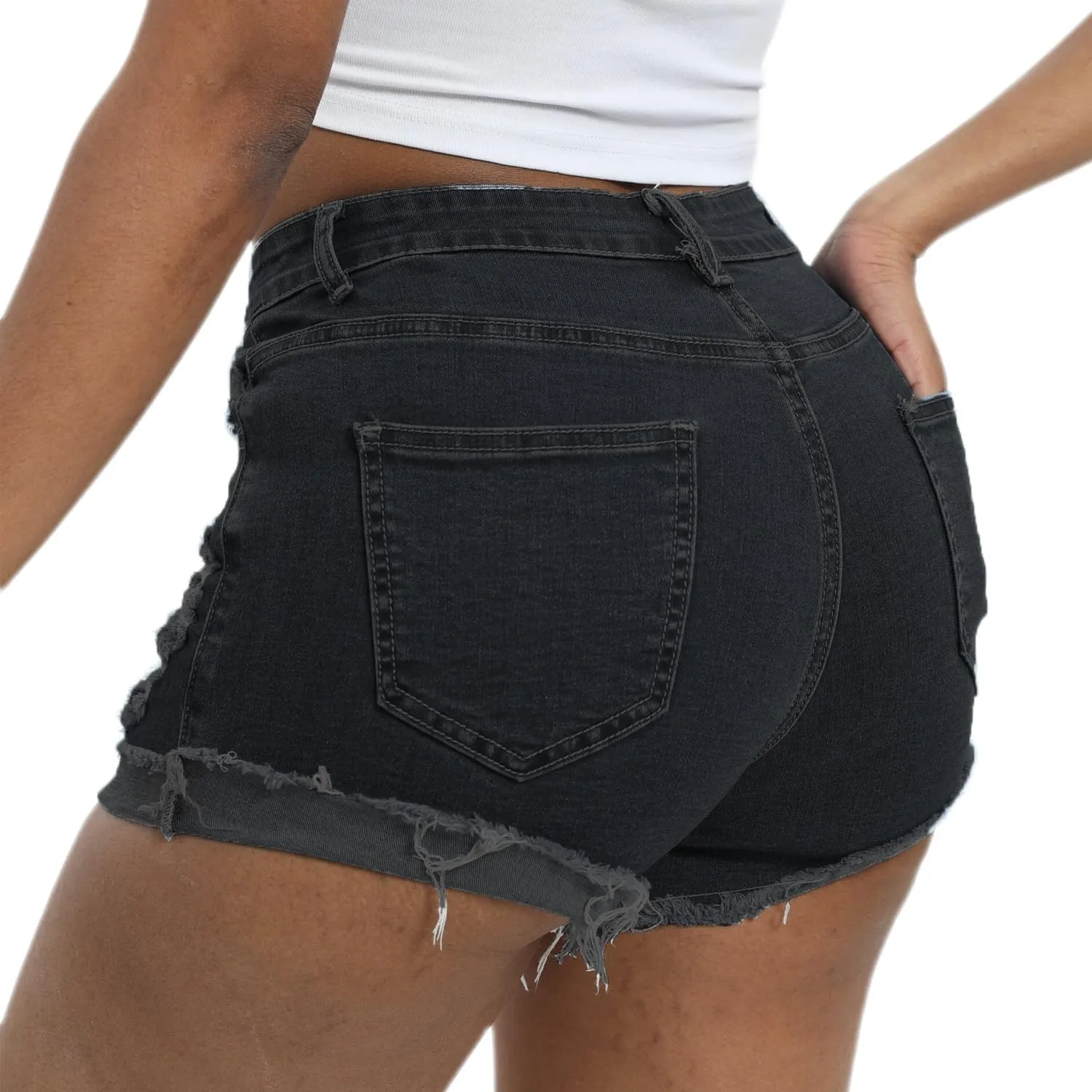 Women Mid Rise Stretchy Denim Shorts Ripped Hem Folded Frayed Distressed Short Jeans
