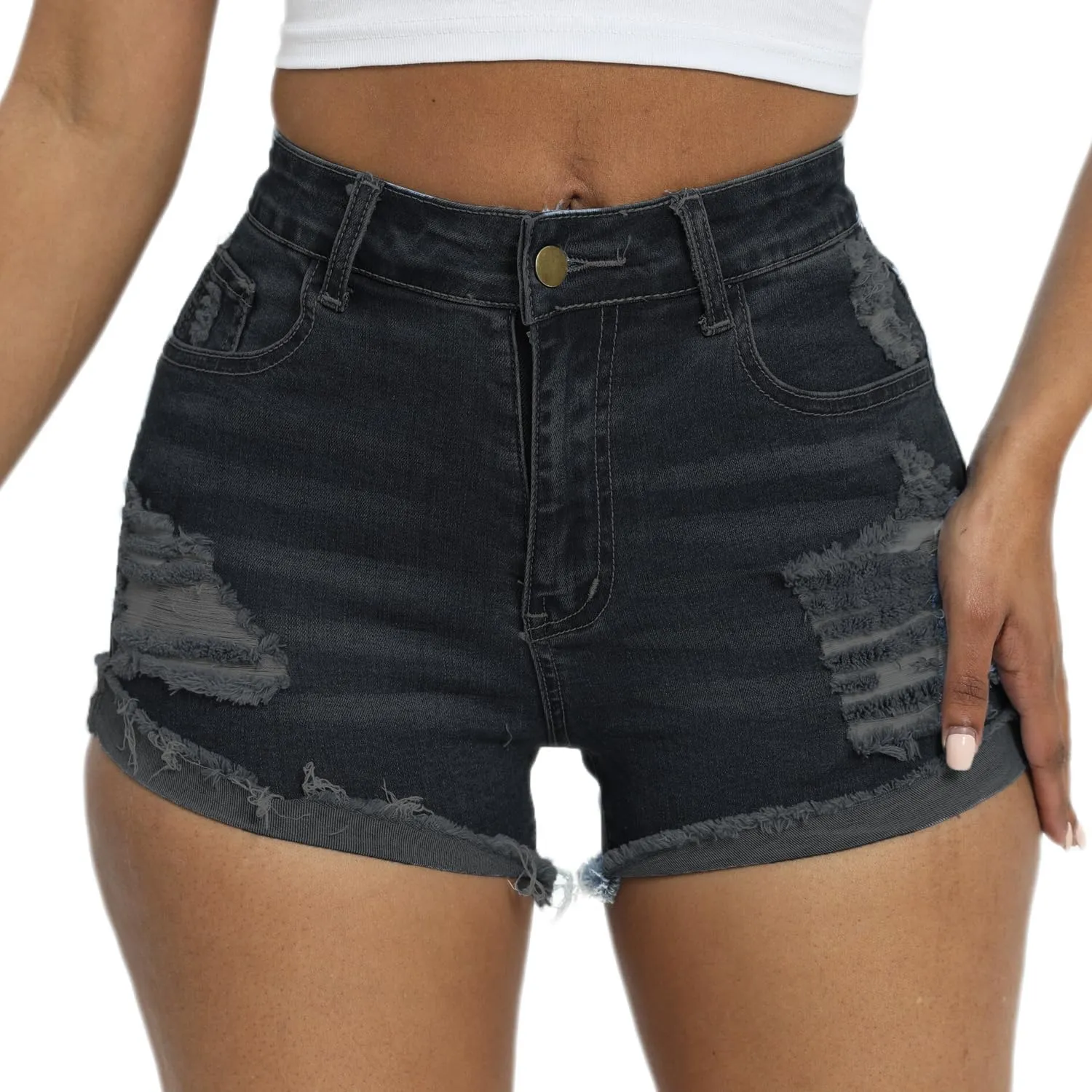 Women Mid Rise Stretchy Denim Shorts Ripped Hem Folded Frayed Distressed Short Jeans