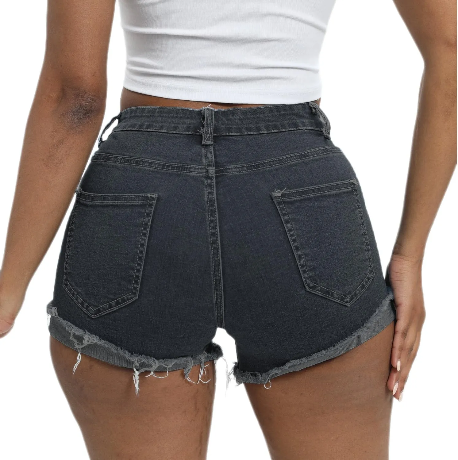 Women Mid Rise Stretchy Denim Shorts Ripped Hem Folded Frayed Distressed Short Jeans