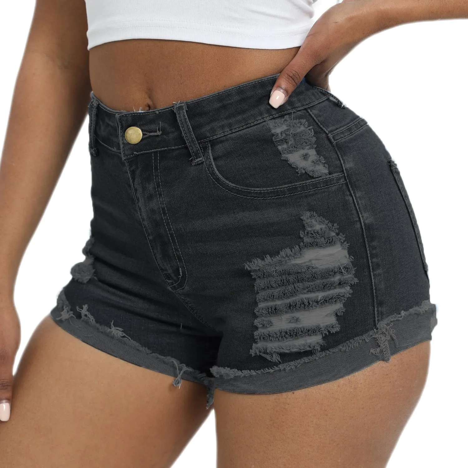 Women Mid Rise Stretchy Denim Shorts Ripped Hem Folded Frayed Distressed Short Jeans