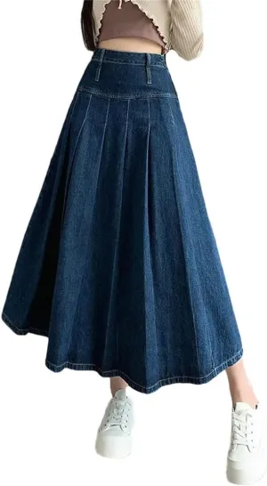Women Pleated Vintage High Waist Straight Loose Skirts
