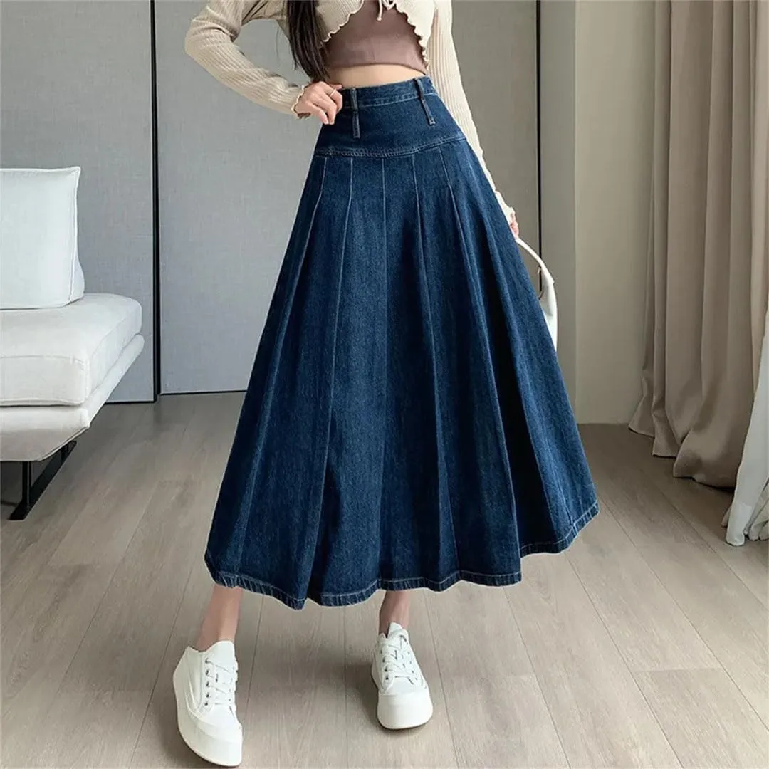 Women Pleated Vintage High Waist Straight Loose Skirts