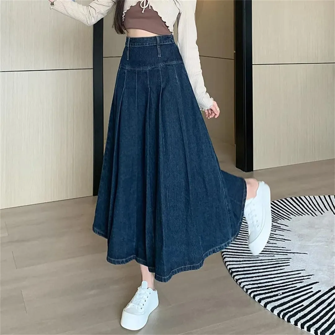 Women Pleated Vintage High Waist Straight Loose Skirts