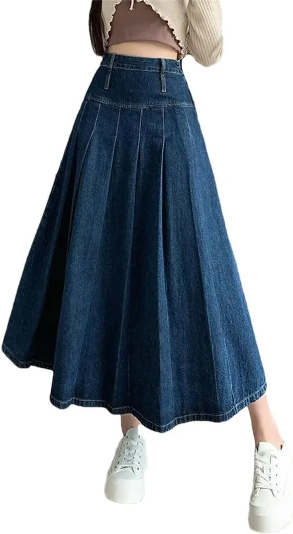 Women Pleated Vintage High Waist Straight Loose Skirts