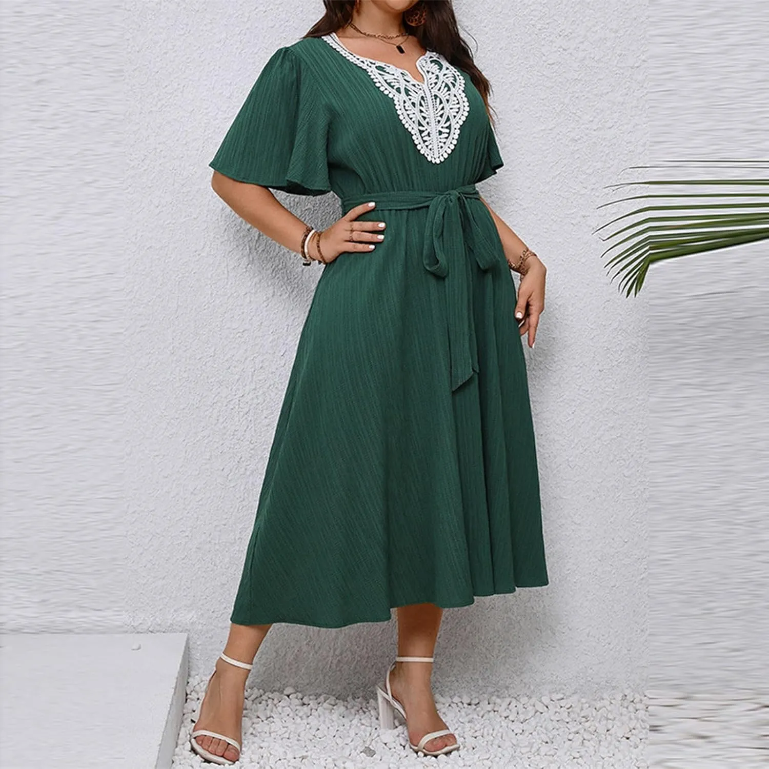 Women Plus Size Lace Patchwork V Neck Maxi Dress Summer Short Ruffle Sleeve Flowy A-Line Wedding Guest Cocktail Dresses