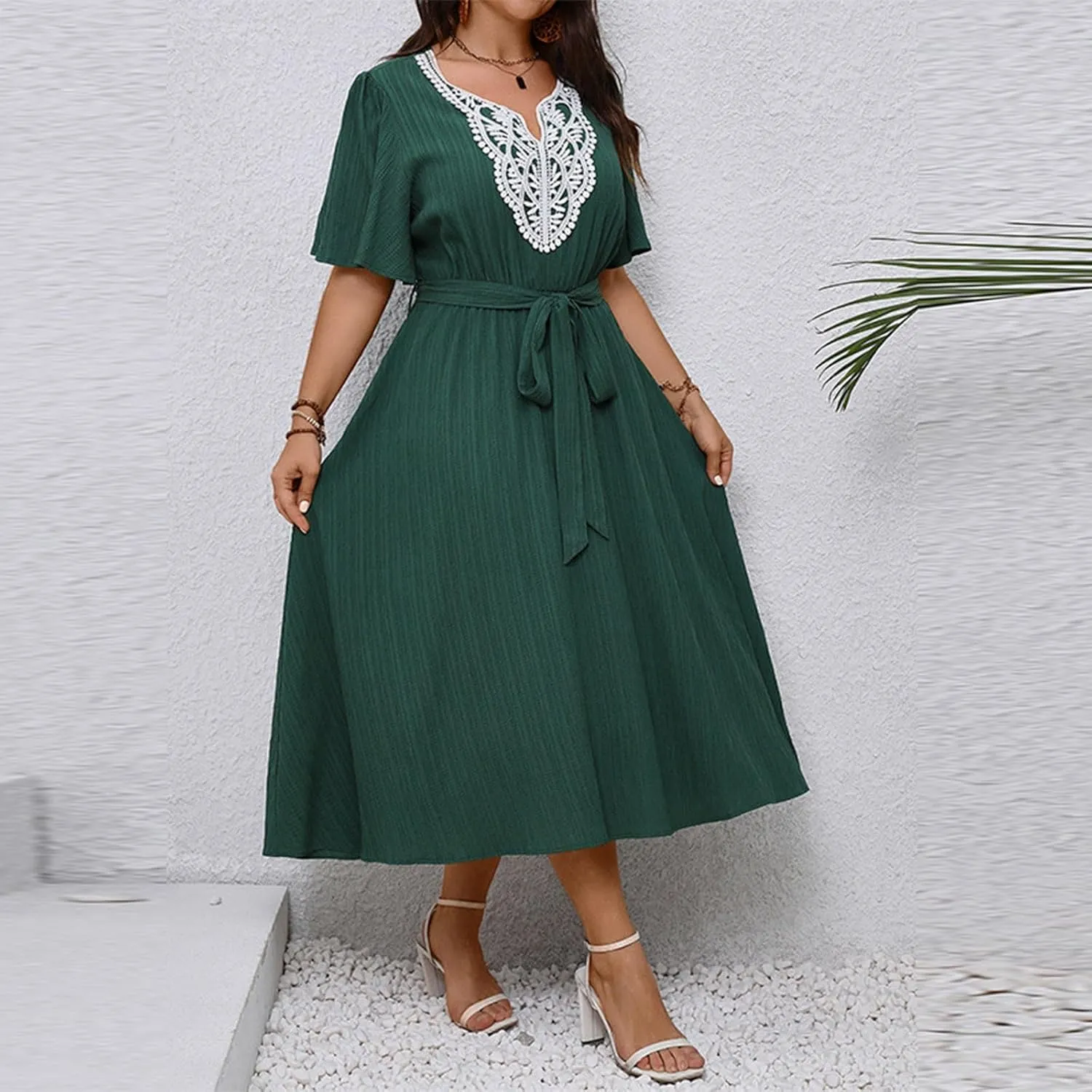 Women Plus Size Lace Patchwork V Neck Maxi Dress Summer Short Ruffle Sleeve Flowy A-Line Wedding Guest Cocktail Dresses