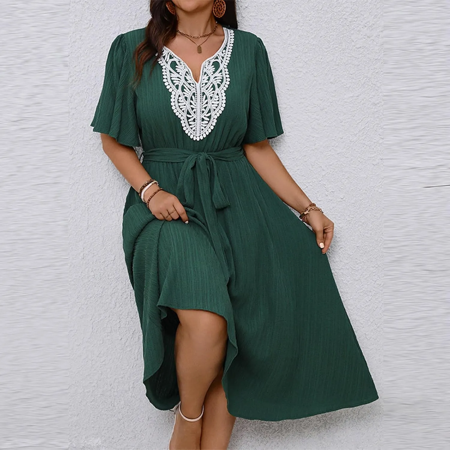 Women Plus Size Lace Patchwork V Neck Maxi Dress Summer Short Ruffle Sleeve Flowy A-Line Wedding Guest Cocktail Dresses