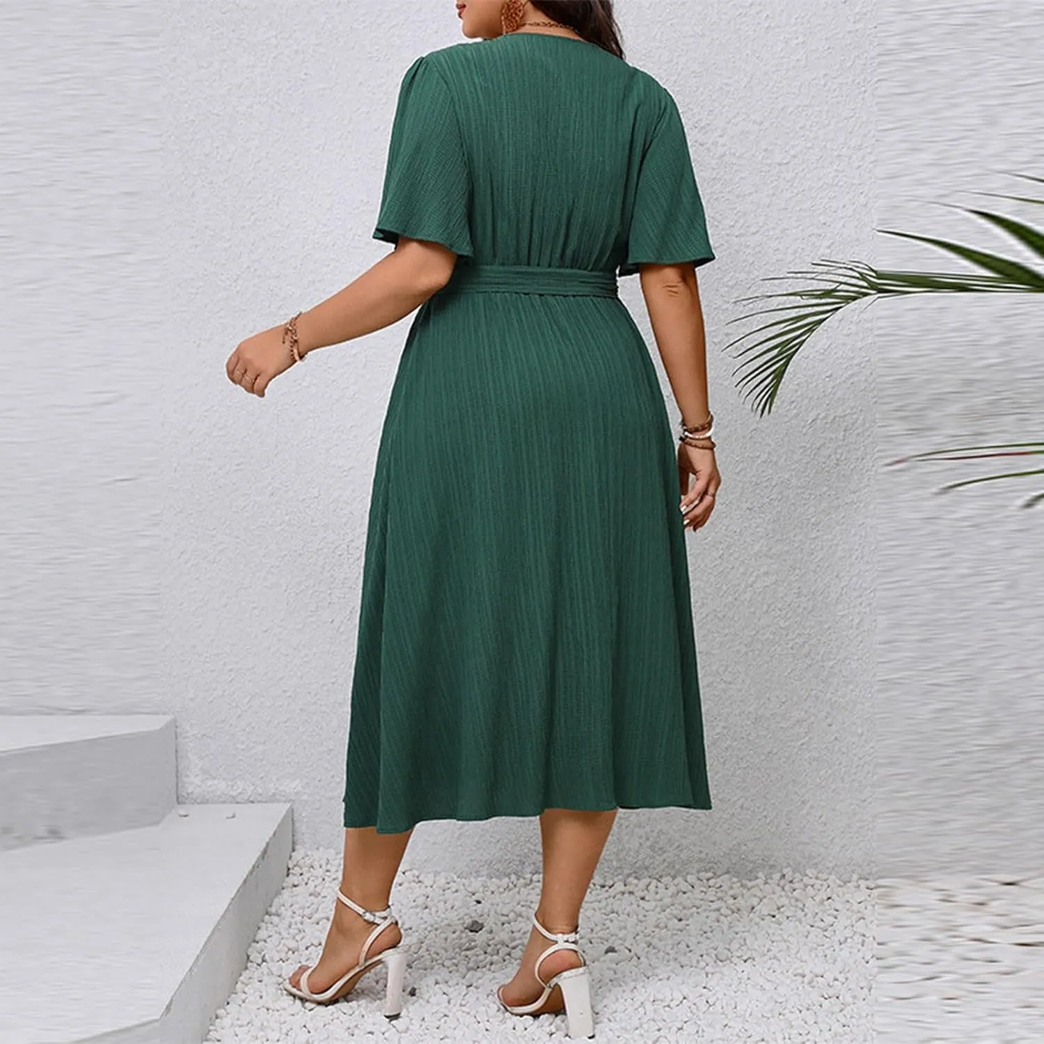 Women Plus Size Lace Patchwork V Neck Maxi Dress Summer Short Ruffle Sleeve Flowy A-Line Wedding Guest Cocktail Dresses