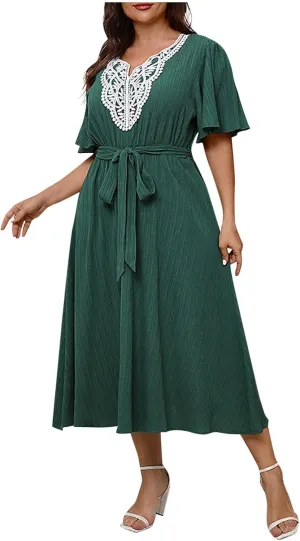 Women Plus Size Lace Patchwork V Neck Maxi Dress Summer Short Ruffle Sleeve Flowy A-Line Wedding Guest Cocktail Dresses