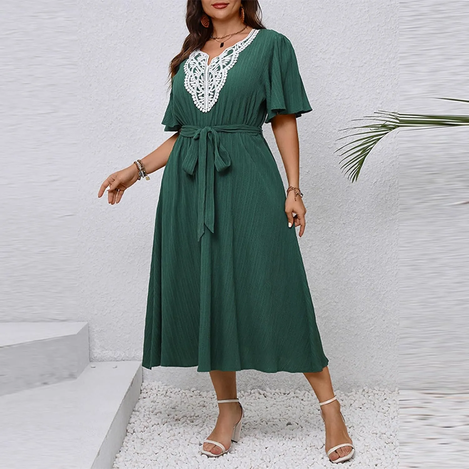 Women Plus Size Lace Patchwork V Neck Maxi Dress Summer Short Ruffle Sleeve Flowy A-Line Wedding Guest Cocktail Dresses