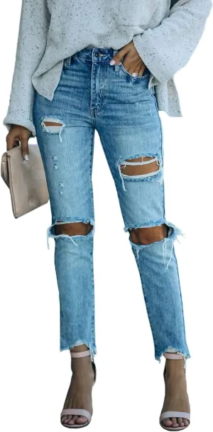 Women Ripped Hole Distressed Jeans Boyfriend Ankle Jeans Denim Pants