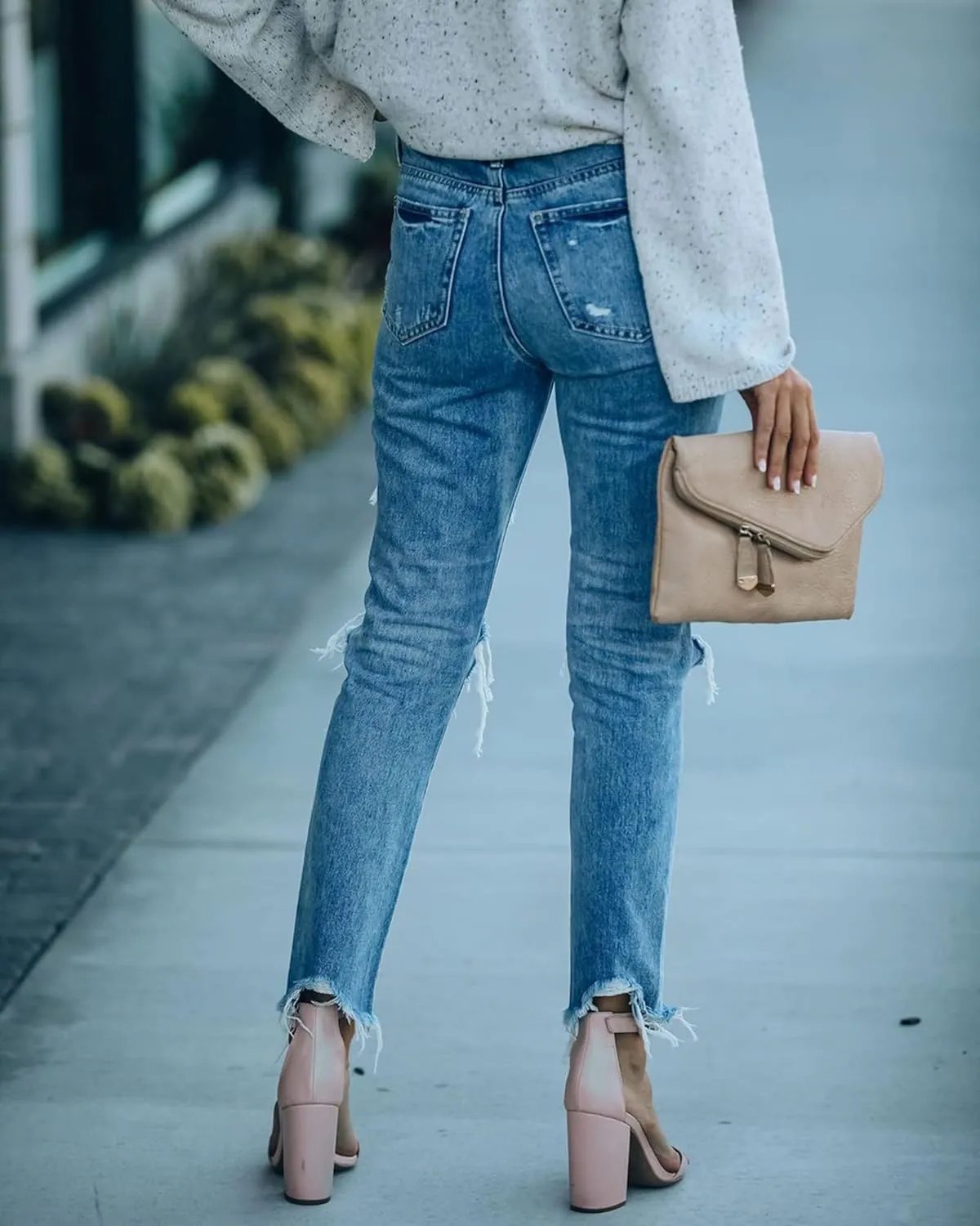Women Ripped Hole Distressed Jeans Boyfriend Ankle Jeans Denim Pants
