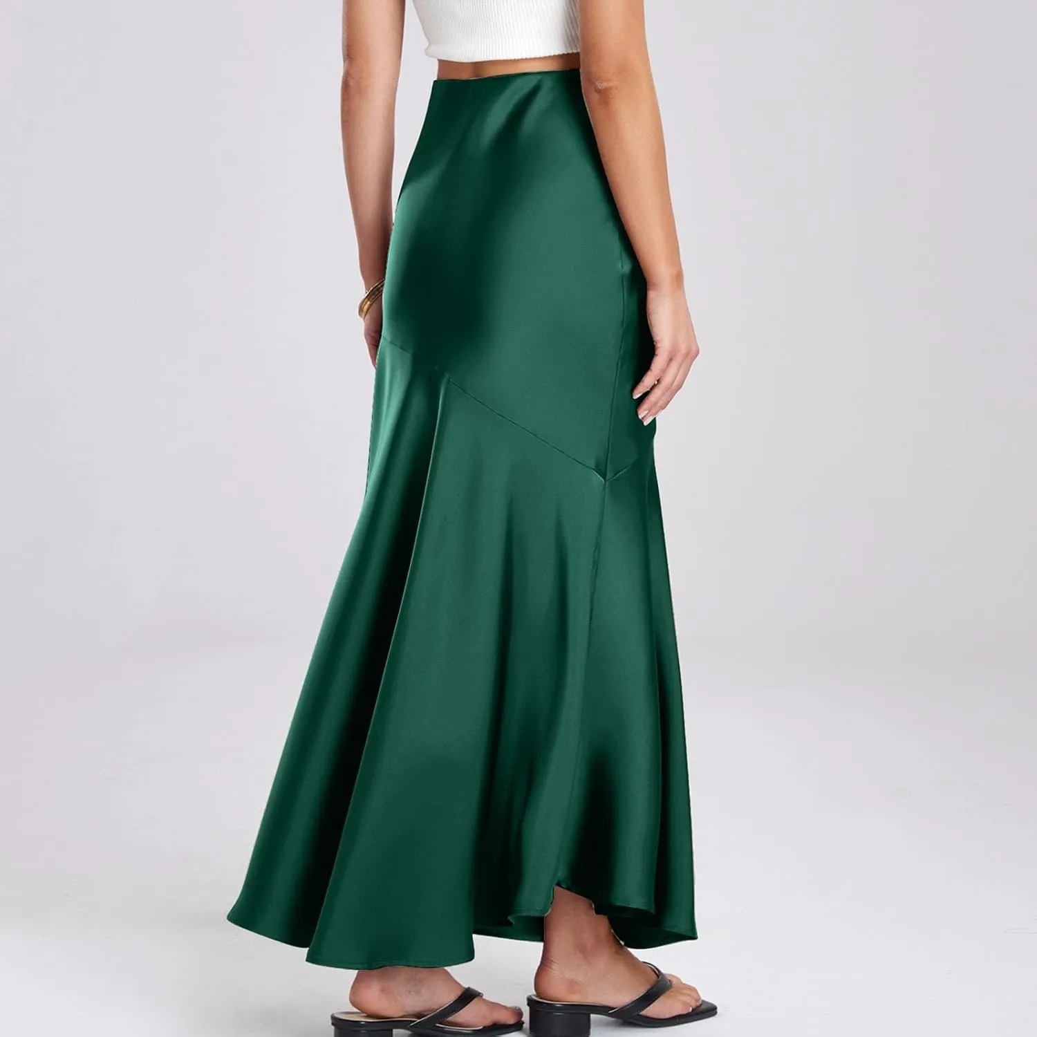 Women Satin Silk Fishtail Skirts High Waist Wrap Maxi Skirt Elastic A Line Length Skirts Elegant Flared Streetwear