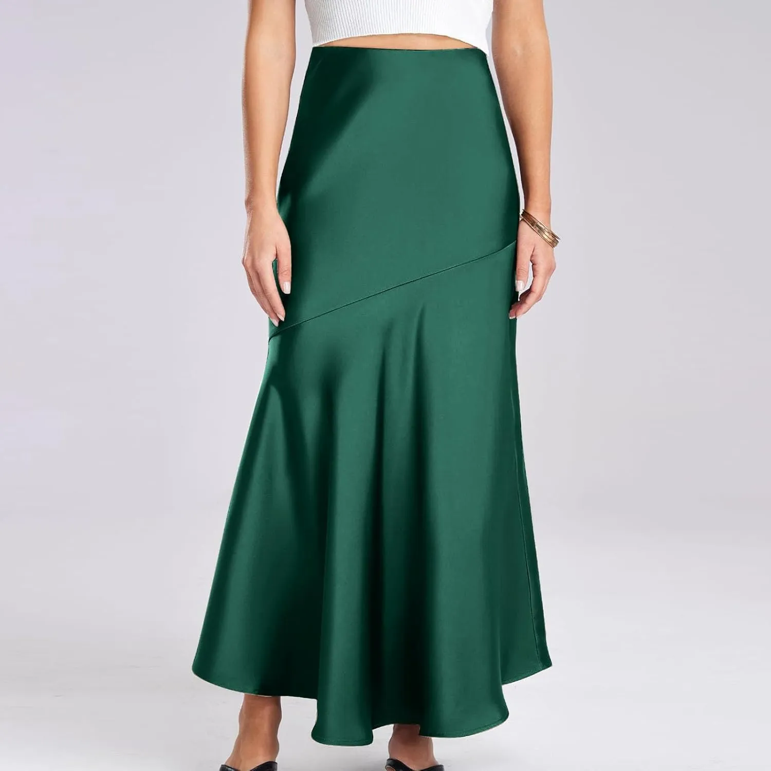 Women Satin Silk Fishtail Skirts High Waist Wrap Maxi Skirt Elastic A Line Length Skirts Elegant Flared Streetwear