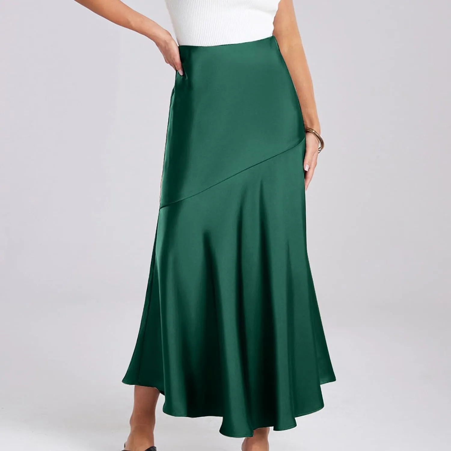 Women Satin Silk Fishtail Skirts High Waist Wrap Maxi Skirt Elastic A Line Length Skirts Elegant Flared Streetwear