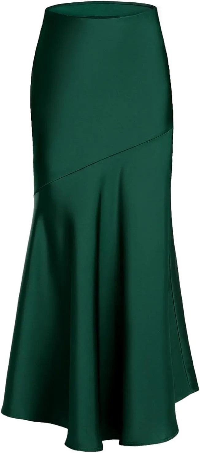 Women Satin Silk Fishtail Skirts High Waist Wrap Maxi Skirt Elastic A Line Length Skirts Elegant Flared Streetwear