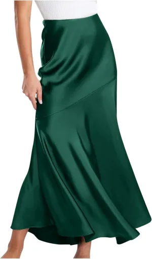 Women Satin Silk Fishtail Skirts High Waist Wrap Maxi Skirt Elastic A Line Length Skirts Elegant Flared Streetwear
