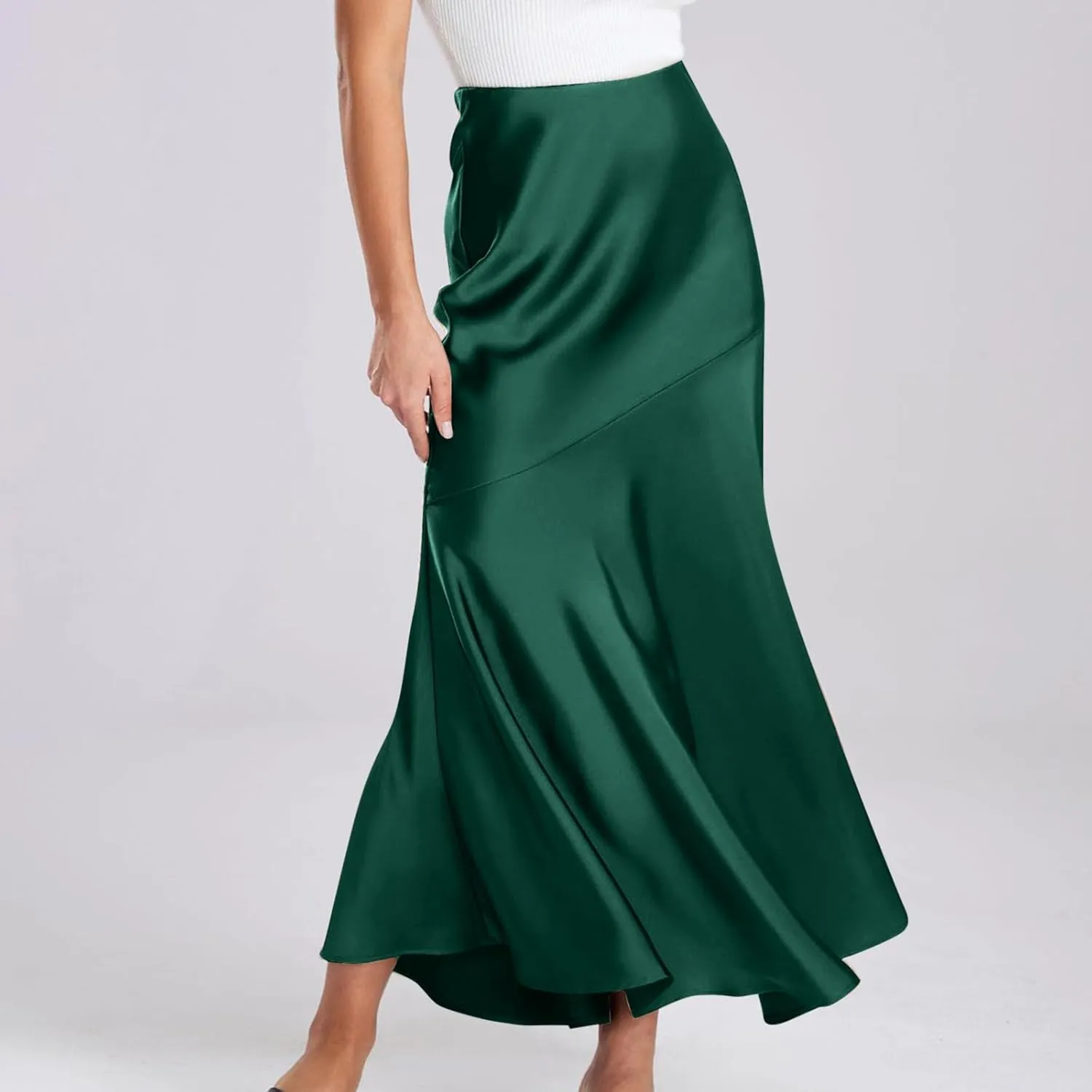 Women Satin Silk Fishtail Skirts High Waist Wrap Maxi Skirt Elastic A Line Length Skirts Elegant Flared Streetwear