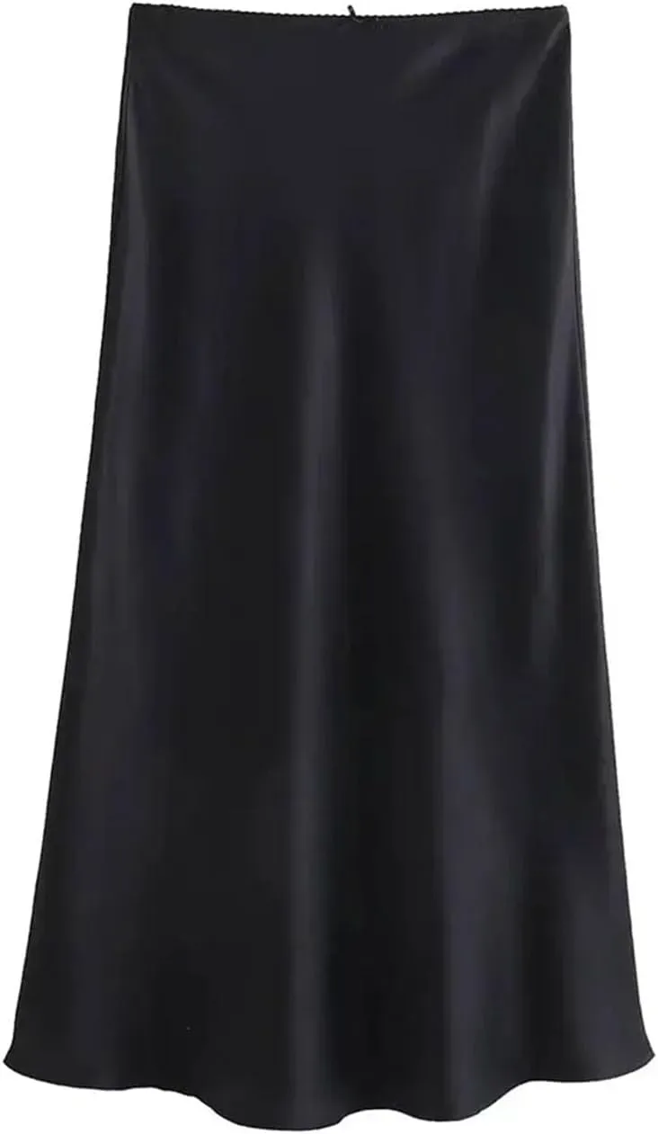 Women Satin Vintage High Waist H Line Long Skirts Casual Solid Mid-Calf Skirts