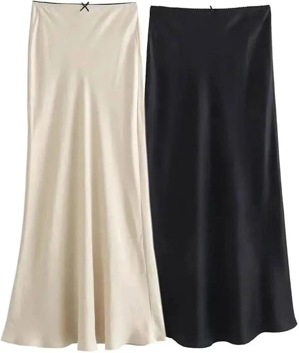 Women Satin Vintage High Waist H Line Long Skirts Casual Solid Mid-Calf Skirts