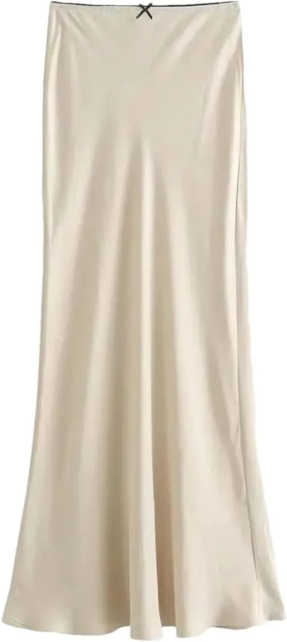 Women Satin Vintage High Waist H Line Long Skirts Casual Solid Mid-Calf Skirts