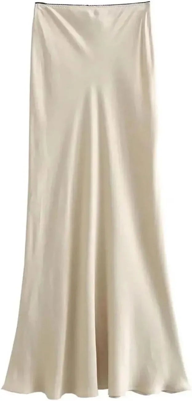 Women Satin Vintage High Waist H Line Long Skirts Casual Solid Mid-Calf Skirts