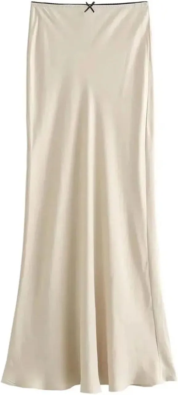 Women Satin Vintage High Waist H Line Long Skirts Casual Solid Mid-Calf Skirts