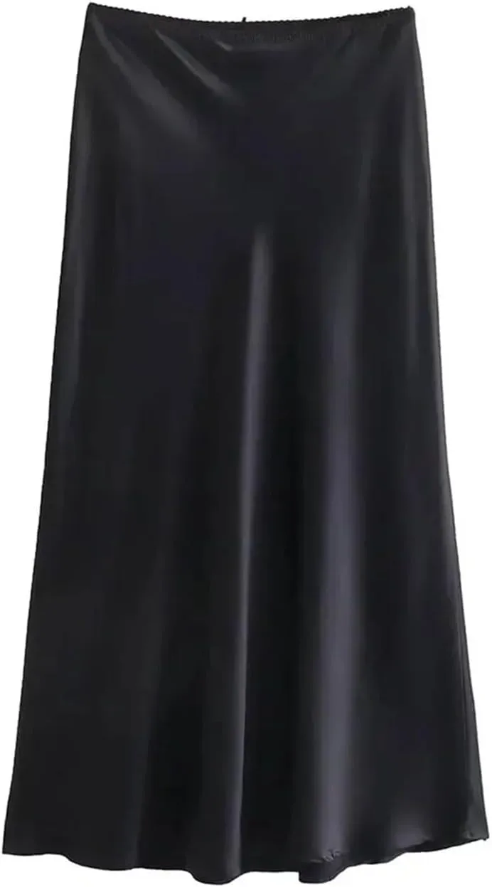 Women Satin Vintage High Waist H Line Long Skirts Casual Solid Mid-Calf Skirts