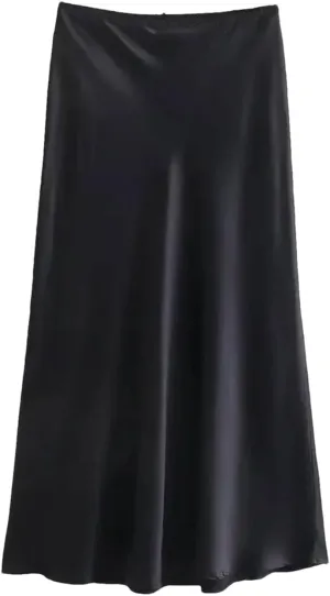 Women Satin Vintage High Waist H Line Long Skirts Casual Solid Mid-Calf Skirts