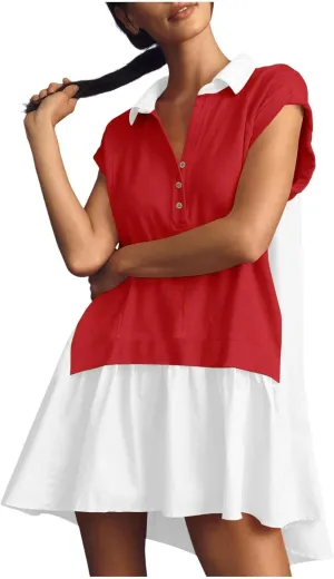 Women Short Sleeve Button Up Casual Beach Dress Simple Solid Color Sundress Loose Fashion Short Dress