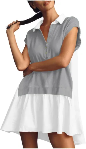 Women Short Sleeve Button Up Casual Beach Dress Simple Solid Color Sundress Loose Fashion Short Dress
