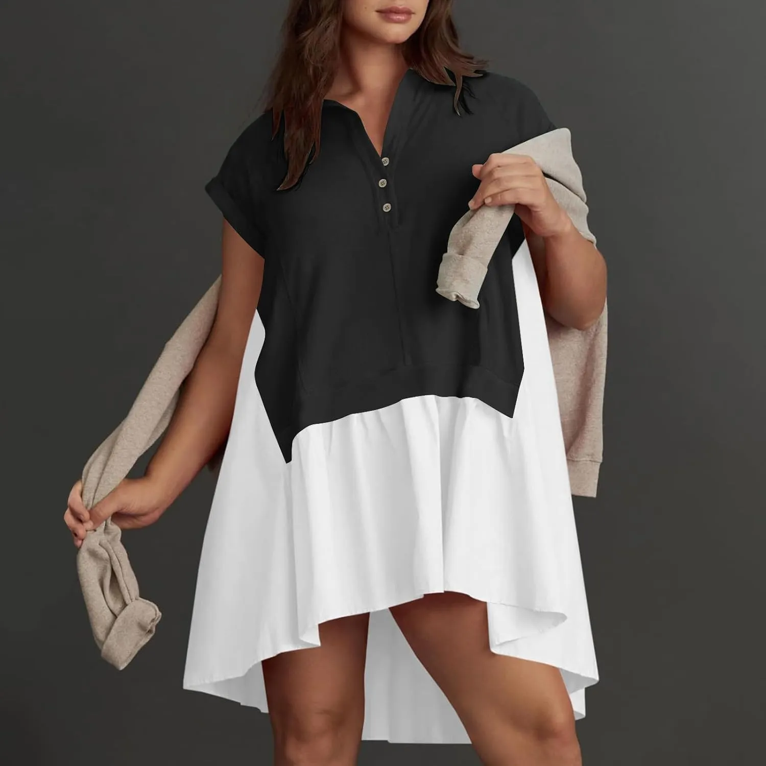 Women Short Sleeve Button Up Casual Beach Dress Simple Solid Color Sundress Loose Fashion Short Dress