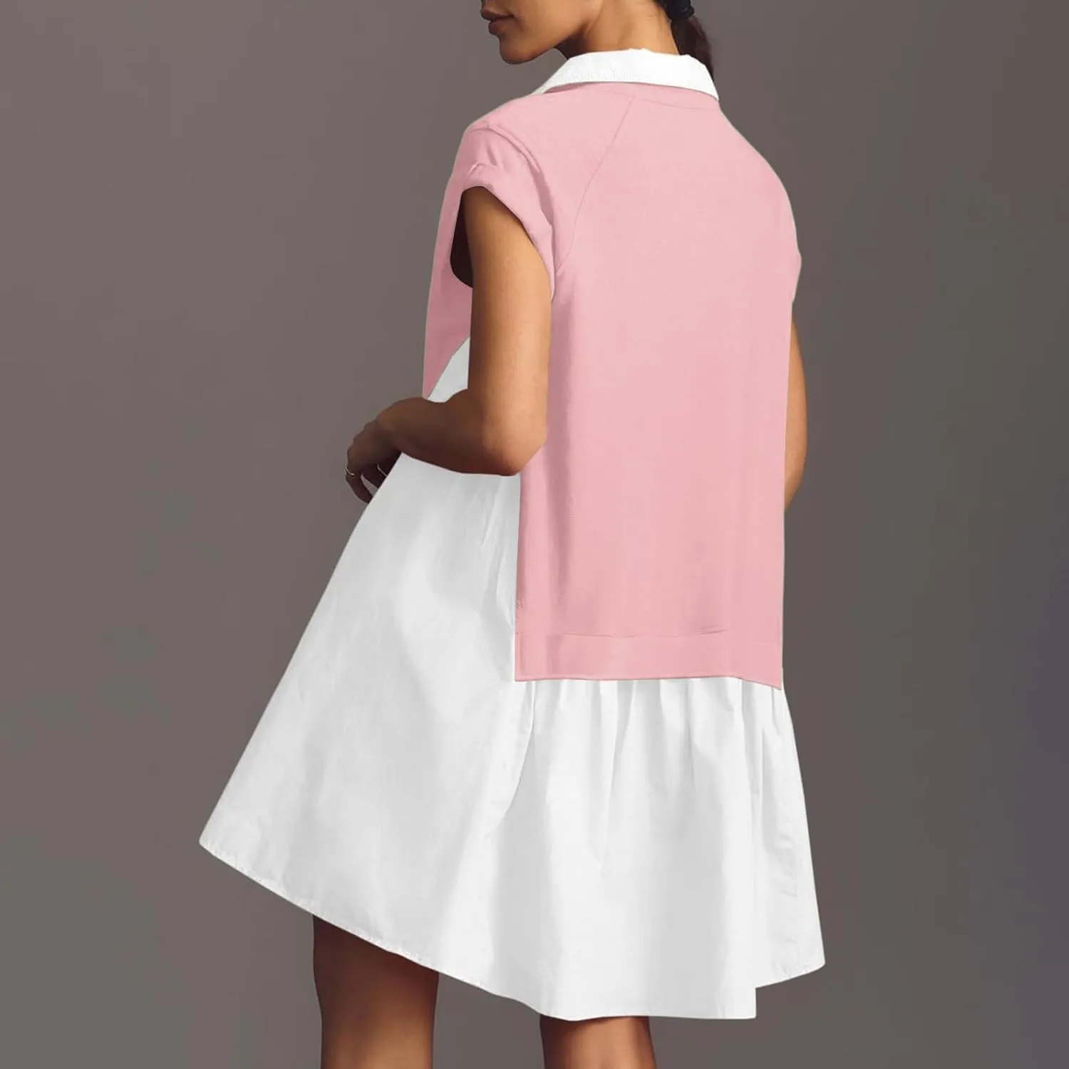 Women Short Sleeve Button Up Casual Beach Dress Simple Solid Color Sundress Loose Fashion Short Dress
