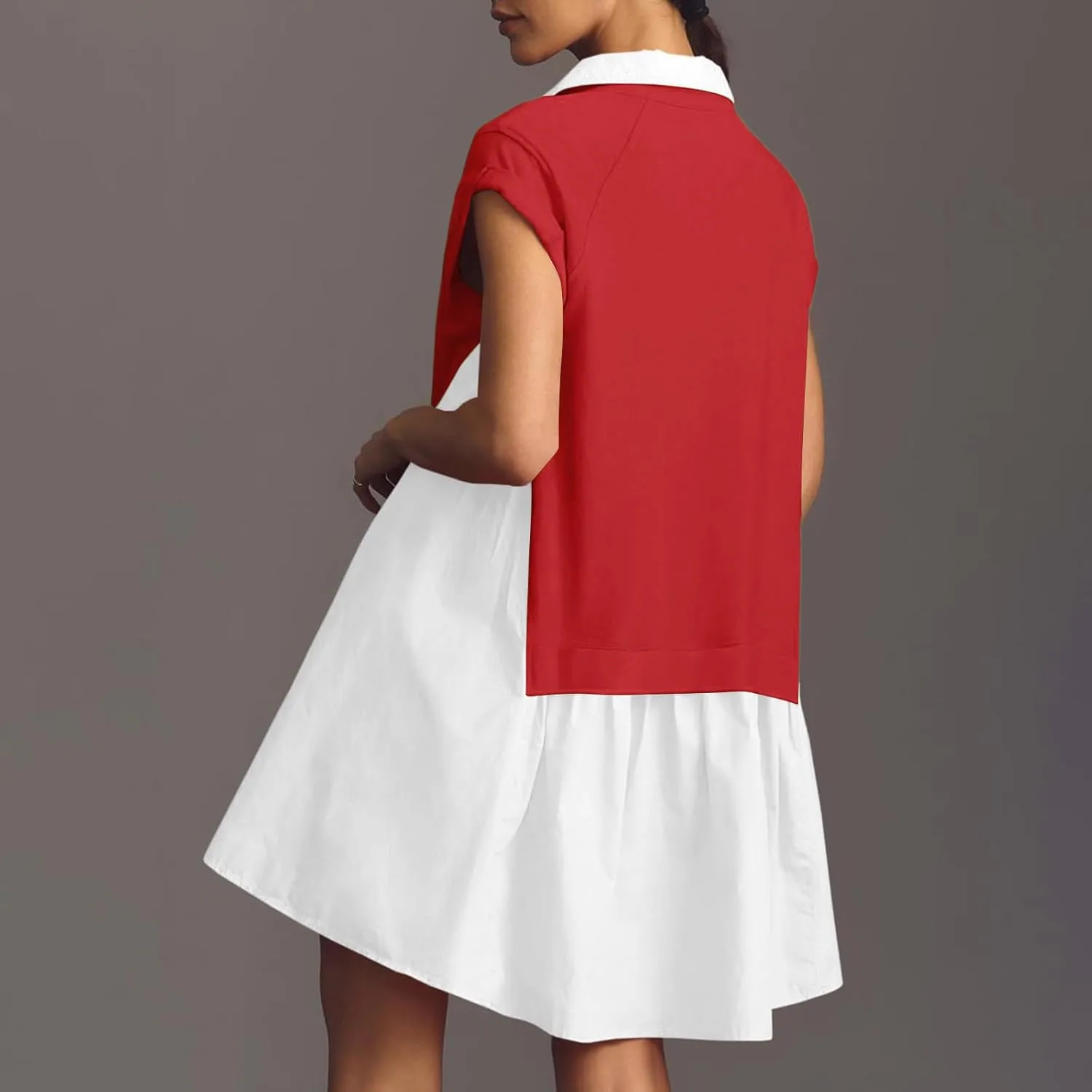 Women Short Sleeve Button Up Casual Beach Dress Simple Solid Color Sundress Loose Fashion Short Dress