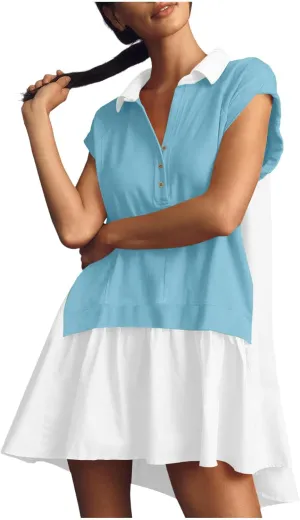 Women Short Sleeve Button Up Casual Beach Dress Simple Solid Color Sundress Loose Fashion Short Dress