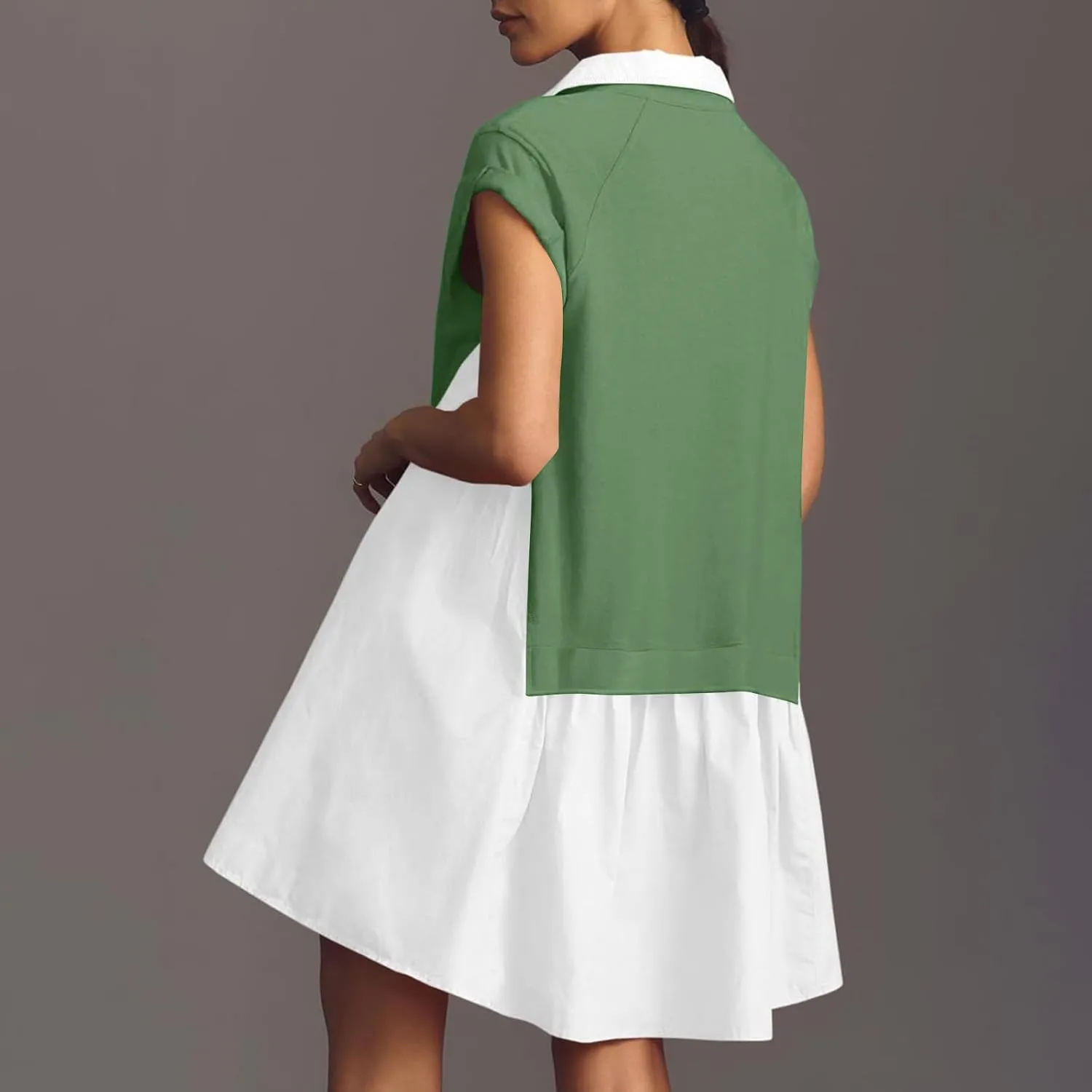 Women Short Sleeve Button Up Casual Beach Dress Simple Solid Color Sundress Loose Fashion Short Dress