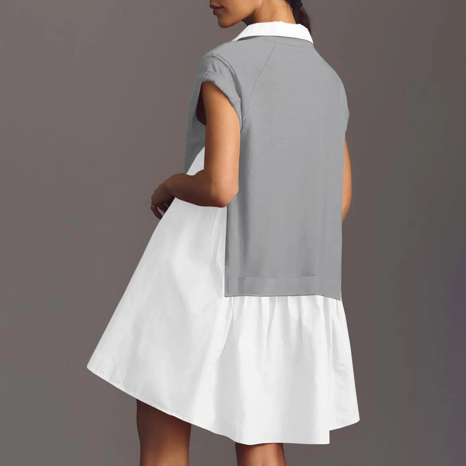 Women Short Sleeve Button Up Casual Beach Dress Simple Solid Color Sundress Loose Fashion Short Dress