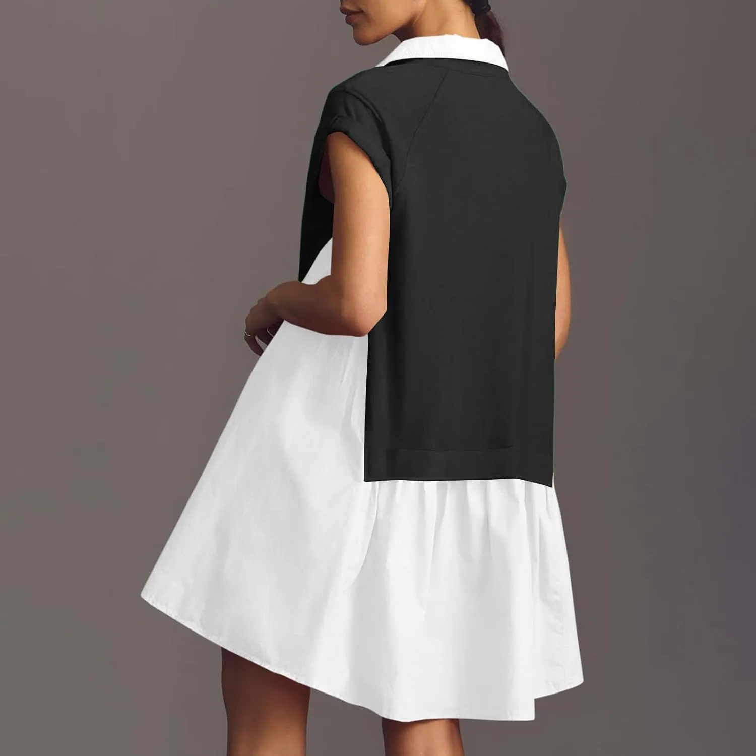 Women Short Sleeve Button Up Casual Beach Dress Simple Solid Color Sundress Loose Fashion Short Dress
